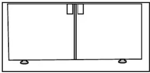 Simple line drawing of a two-panel cabinet or enclosure with mounting feet, no text or symbols.