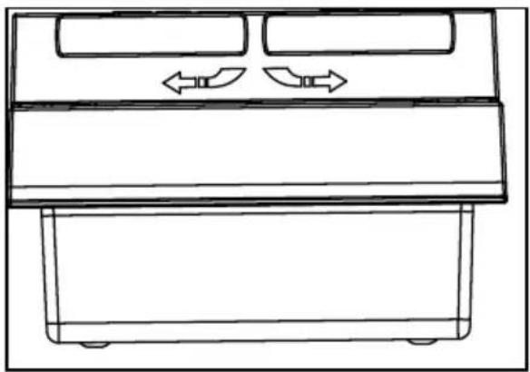 Line drawing of a front-loading air conditioner unit with two vented slots and directional arrows indicating airflow (no text or symbols)
