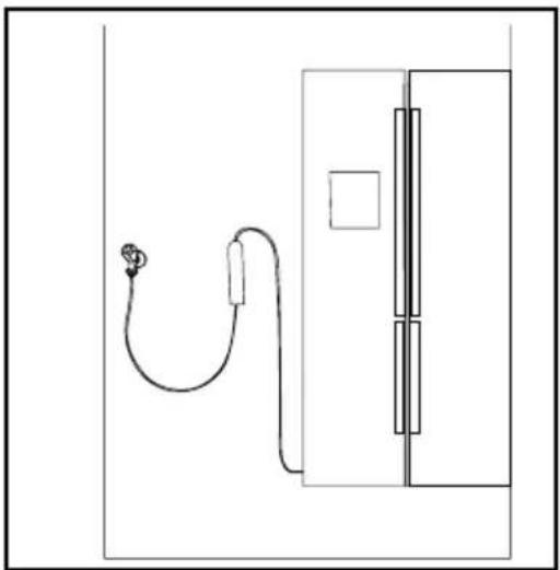 Simple line drawing of a medical device with a catheter and adjacent door (no text or symbols).