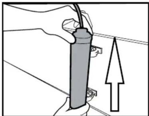 Illustration of a hand holding a cylindrical device with wires, next to an upward arrow (no text or symbols).