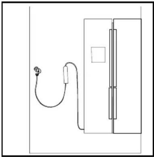 Simple line drawing of a device with a cable and connector, next to a door (no text or symbols).