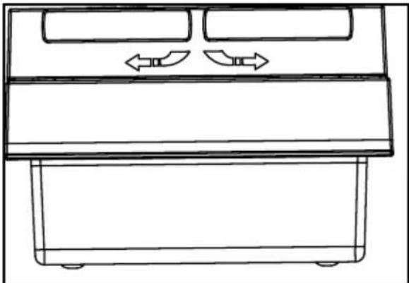 Line drawing of a double-door refrigerator with two doors and directional arrows indicating airflow or ventilation (no text or symbols)