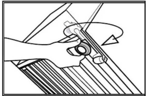 Mechanical diagram showing a hand operating a tool with a circular arrow indicating rotation (no text or symbols present)