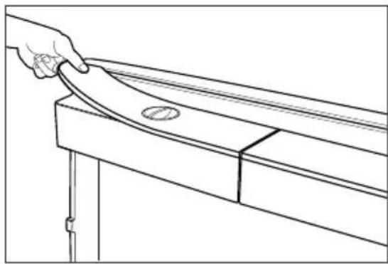 Line drawing of a hand holding a curved object on a wooden beam, with no text or symbols present.