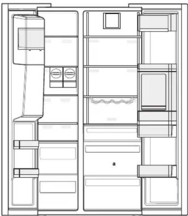 Architectural floor plan of a refrigerator showing internal compartments and fixtures (no text or labels).