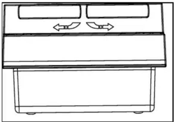 Line drawing of a front view of a rectangular appliance with two doors and directional arrows indicating airflow or movement (no text or symbols).
