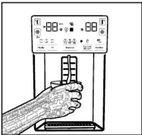 Line drawing of a hand holding a digital temperature control device with labeled buttons and display screen.