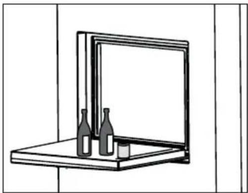 Simple line drawing of a wall-mounted shelf with bottles and a glass (no text or symbols).