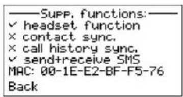 ——Supp. functions:—— ✓ headset function × contact sync. × call history sync. ✓ send+receive SMS MAC: 00-1E-E2-BF-F5-76 Back
