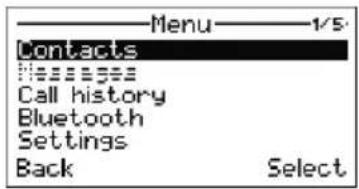Menu 1/5 Contacts Messages Call history Bluetooth Settings Back Select