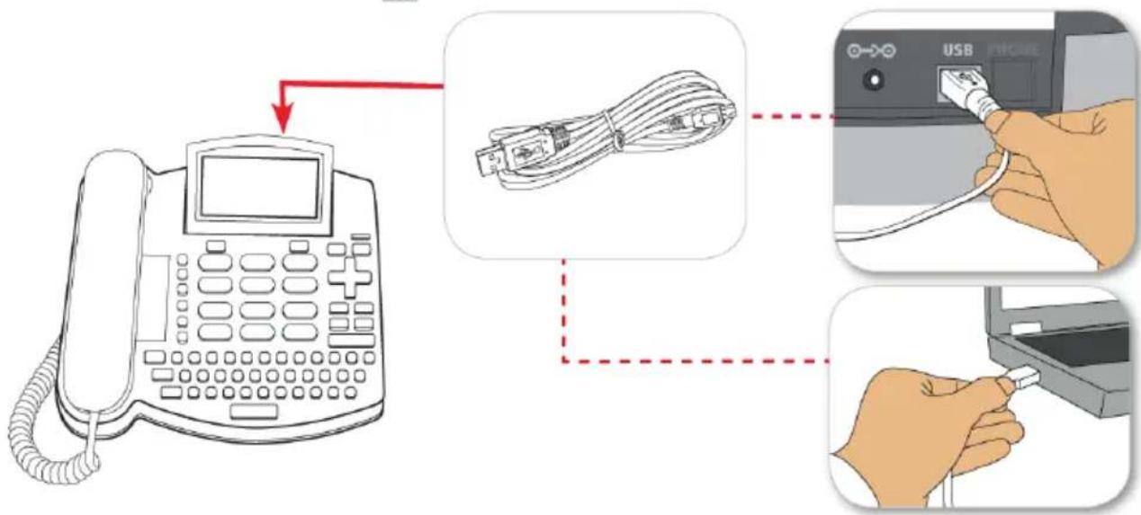 Diagram showing connection between a telephone and USB phone via USB cable, with hands inserting cables to the device.