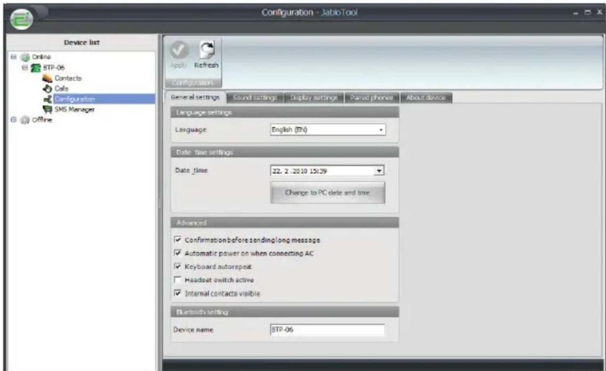 Configuration - JabioTool Device list Online BTP-06 Contacts Calls Configuration SMS Manager Offline Apply Refresh Configuration General settings Sound Settings Display settings Paired phones About device Language settings Language English (EN) Date: time settings Date_time 22.2.2010 15:39 Change to PC date and brie Advanced ✓ Confirmation before sending long message ✓ Automatic power on when connecting AC ✓ Keyboard autorepeat □ Headset switch active ✓ Internal contacts visible Bluetooth setting Device name BTP-06