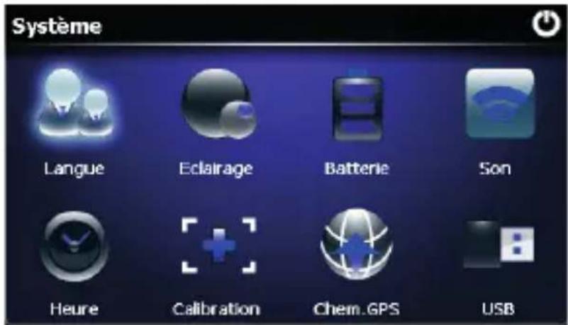 Système Langue Eclairage Batterie Son Heure Calibration Chem.GPS USB