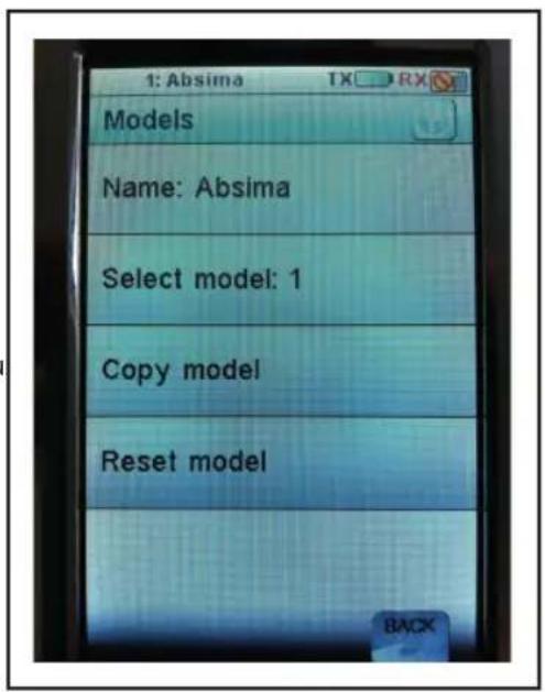 1: Absima TX RX Models Name: Absima Select model: 1 Copy model Reset model BACK