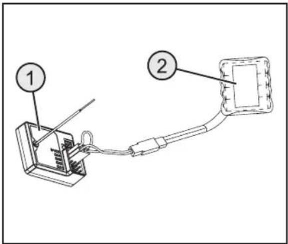 Diagram showing two connected devices with labeled parts, including a device labeled '1' and a device labeled '2'.