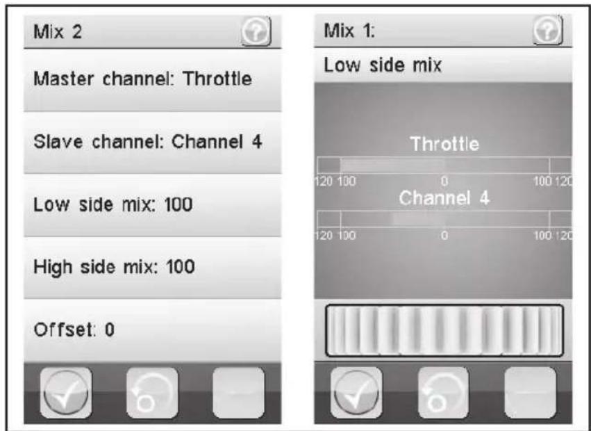 Mix 2 Master channel: Throttle Slave channel: Channel 4 Low side mix: 100 High side mix: 100 Offset: 0 Mix 1: Low side mix Throttle Channel 4