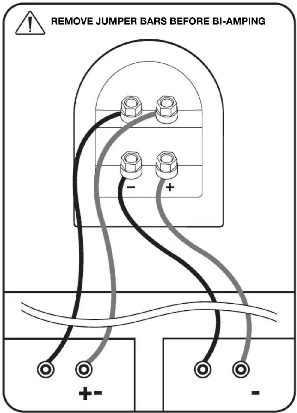 REMOVE JUMPER BARS BEFORE BI-AMPING + -