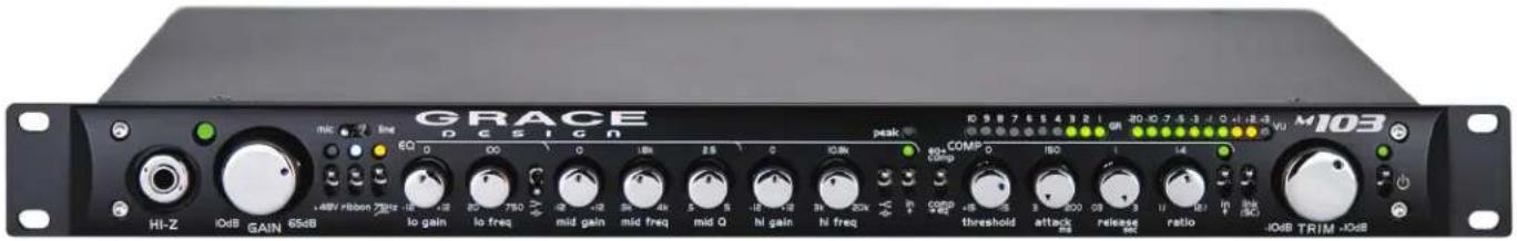 GRACE DESIGN mic 7 line EQ 0 100 0 18k 28 0 108k HI-Z I/OIB GAIN 65dB +4kV ribbon 75Hz lo gain lo freq mid gain mid freq mid Q hi gain hi freq in comp COMP 0 ISO 14 COMP 18 ms 3 200 ms 08 9 threshold attack ms release sec ratio in link -IOIB TRIM +IOIB M103 ID 9 8 7 6 5 4 3 2 1 OR 20:0.7.5.3/0.1:2.3 VU