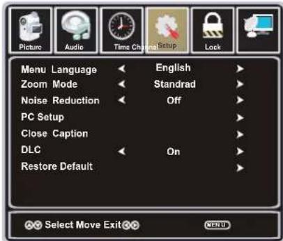 Picture Audio Time Chaper Setup Lock Menu Language English Zoom Mode Standrad Noise Reduction Off PC Setup Close Caption DLC On Restore Default Select Move Exit