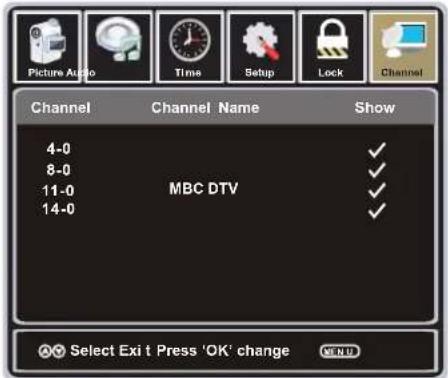 Picture Audio Time Setup Lock Channel Channel Channel Name Show 4-0 8-0 11-0 14-0 MBC DTV ✓ ✓ ✓ ✓ ✓ OK Select Exit Press 'OK' change WEHTB