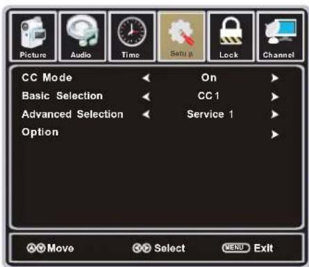 Picture Audio Time Setup pt Lock Channel CC Mode On Basic Selection CC 1 Advanced Selection Service 1 Option Move Select VEND Exit