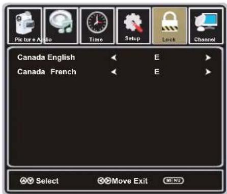 Picture & Audio Time Setup Lock Channel Canada English E Canada French E Select Move Exit MI NU