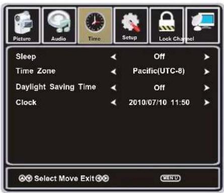 Picture Audio Time Setup Lock Channel Sleep Off Time Zone Pacific(UTC-8) Daylight Saving Time Off Clock 2010/07/10 11:50 Select Move Exit VEND