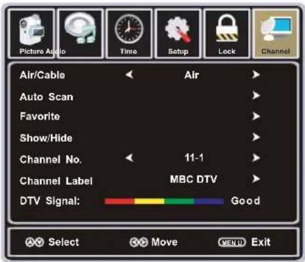 Picture Audio Time Setup Lock Channel Air/Cable Air Auto Scan Favorite Show/Hide Channel No. 11-1 Channel Label MBC DTV DTV Signal: Good Select Move Exit