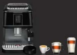 Product photo of a black espresso machine with three cups and two glasses on a dark background (no text or symbols visible)