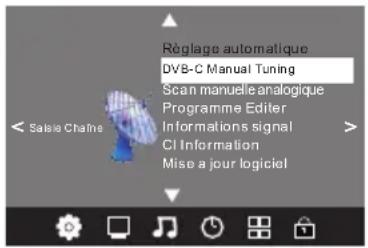 Règlage automatique DVB-C Manual Tuning Scan manuelle analogique Programme Editor Informations signal CI Information Mise a jour logiciel