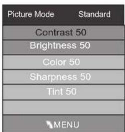 Picture Mode Standard Contrast 50 Brightness 50 Color 50 Sharpness 50 Tint 50 MENU