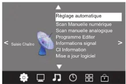 Règlage automatique Scan Manuelle numérique Scan manuelle analogique Programme Editer Informations signal CI Information Mise a jour logiciel