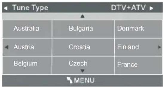 Tune Type DTV+ATV Australia Bulgaria Denmark Austria Croatia Finland Belgium Czech France MENU