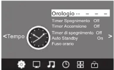 Orologio -- - - Timer Spegnimento Off Timer Accensione Off Timer di spegnimento Off Auto Standby On > Fuso orario >