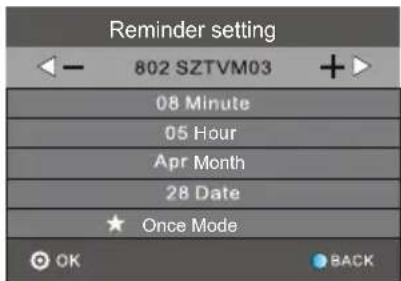 Reminder setting 802 SZTVM03 08 Minute 05 Hour Apr Month 28 Date Once Mode OK BACK