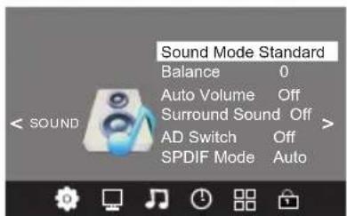 Sound Mode Standard Balance 0 Auto Volume Off Surround Sound Off AD Switch Off SPDIF Mode Auto
