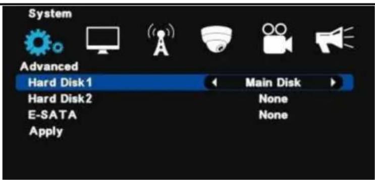 System Advanced Hard Disk 1 Hard Disk 2 E-SATA Apply Main Disk None None
