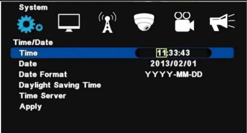 System Time/Date Time 11:33:43 Date 2013/02/01 Date Format YYYY-MM-DD Daylight Saving Time Time Server Apply
