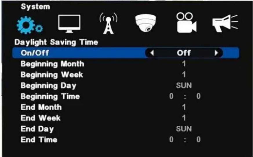 System Daylight Saving Time On/Off Off Beginning Month 1 Beginning Week 1 Beginning Day SUN Beginning Time 0 : 0 End Month 1 End Week 1 End Day SUN End Time 0 : 0