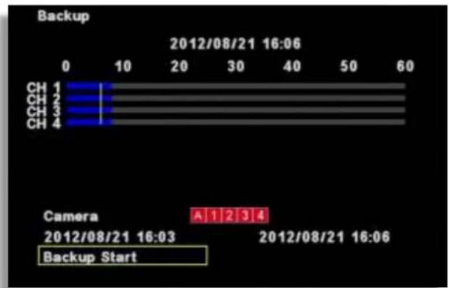 Backup 2012/08/21 16:06 CH 1 CH 2 CH 3 CH 4 0 10 20 30 40 50 60 Camera A 1 2 3 4 2012/08/21 16:03 2012/08/21 16:06 Backup Start