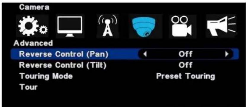 Camera Advanced Reverse Control (Pan) Reverse Control (Tilt) Touring Mode Tour Off Off Preset Touring