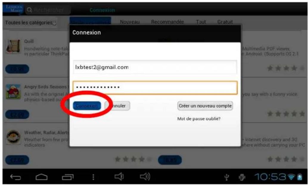 Connexion lxbtest2@gmail.com .......... Connexion Connuler Créer un nouveau compte Mot de passe oublié?