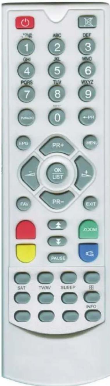 1 GHI 4 PQRS 7 TV/RADIO EFG PR+ OK LIST FAV PR- EXIT ZOOM PAUSE SAT TV/AV SLEEP INFO 2 JKL 5 TUV 8 0 3 MNO 6 WXYZ 9 ←PR MENU