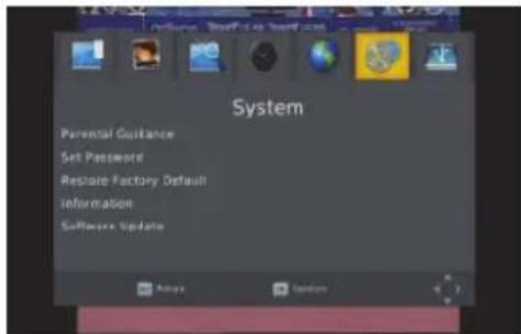 System Parental Guidance Set Password Restore Factory Default Information Software Update