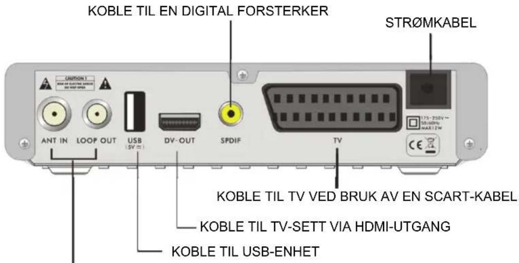 KOBLE TIL EN DIGITAL FORSTERKER STR∅MKABEL ANT IN LOOP OUT USB (5V =) DV-OUT SPDIF TV 175~250V~ SB/60Hz MAX 2W KOBLE TIL TV VED BRUK AV EN SCART-KABEL KOBLE TIL TV-SETT VIA HDMI-UTGANG KOBLE TIL USB-ENHET