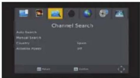 Channel Search Auto Search Manual Search Country Autonomous Power Lipson Off Pilot Custom