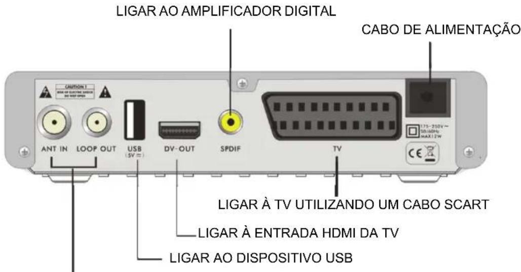 LIGAR AO AMPLIFICADOR DIGITAL CABO DE ALIMENTAÇÃO ANT IN LOOP OUT USB (5V =) DV-OUT SPDIF TV LIGAR À TV UTILIZANDO UM CABO SCART LIGAR À ENTRADA HDMI DA TV LIGAR AO DISPOSITIVO USB