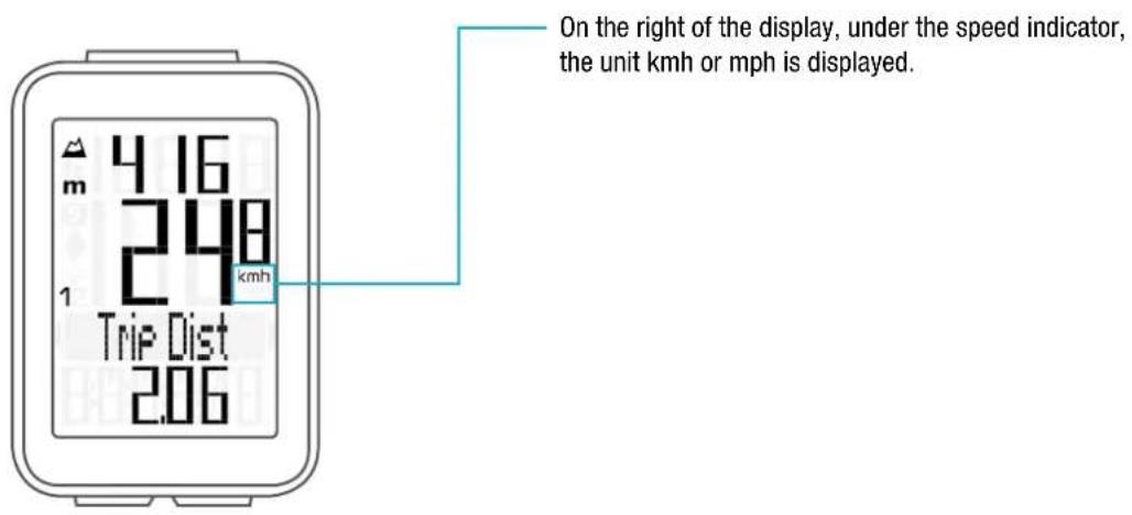On the right of the display, under the speed indicator, the unit kmh or mph is displayed.