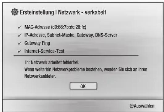 Ersteinstellung I Netzwerk - verkabelt ✓ MAC-Adresse (d0:66:7b:dc:28:1c) ✓ IP-Adresse, Subnet-Maske, Gateway, DNS-Server ✓ Gateway Ping ✓ Internet-Service-Test Ihr Netzwerk arbeitet fehlerfrei. Wenn weiterhin Netzwerkprobleme bestehen, wenden Sie sich an Ihren Netzwerkanbieter. OK Auswählen