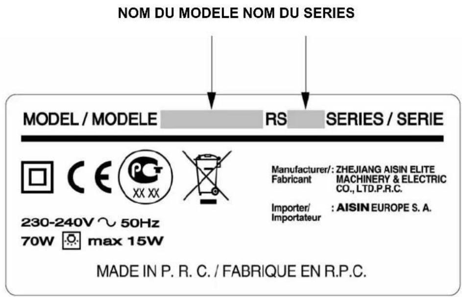 NOM DU MODELE NOM DU SERIES MODEL / MODELE RS SERIES / SERIE Manufacturer/ : ZHEJIANG AISIN ELITE Fabricant MACHINERY & ELECTRIC CO., LTD.P.R.C. Importer/ : AISIN EUROPE S. A. 230-240V ~ 50Hz 70W max 15W MADE IN P. R. C. / FABRIQUE EN R.P.C.